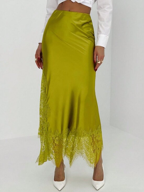 Dresses & Skirts - Green Chic Women's Midi Skirt with Lace Trim Side Slit